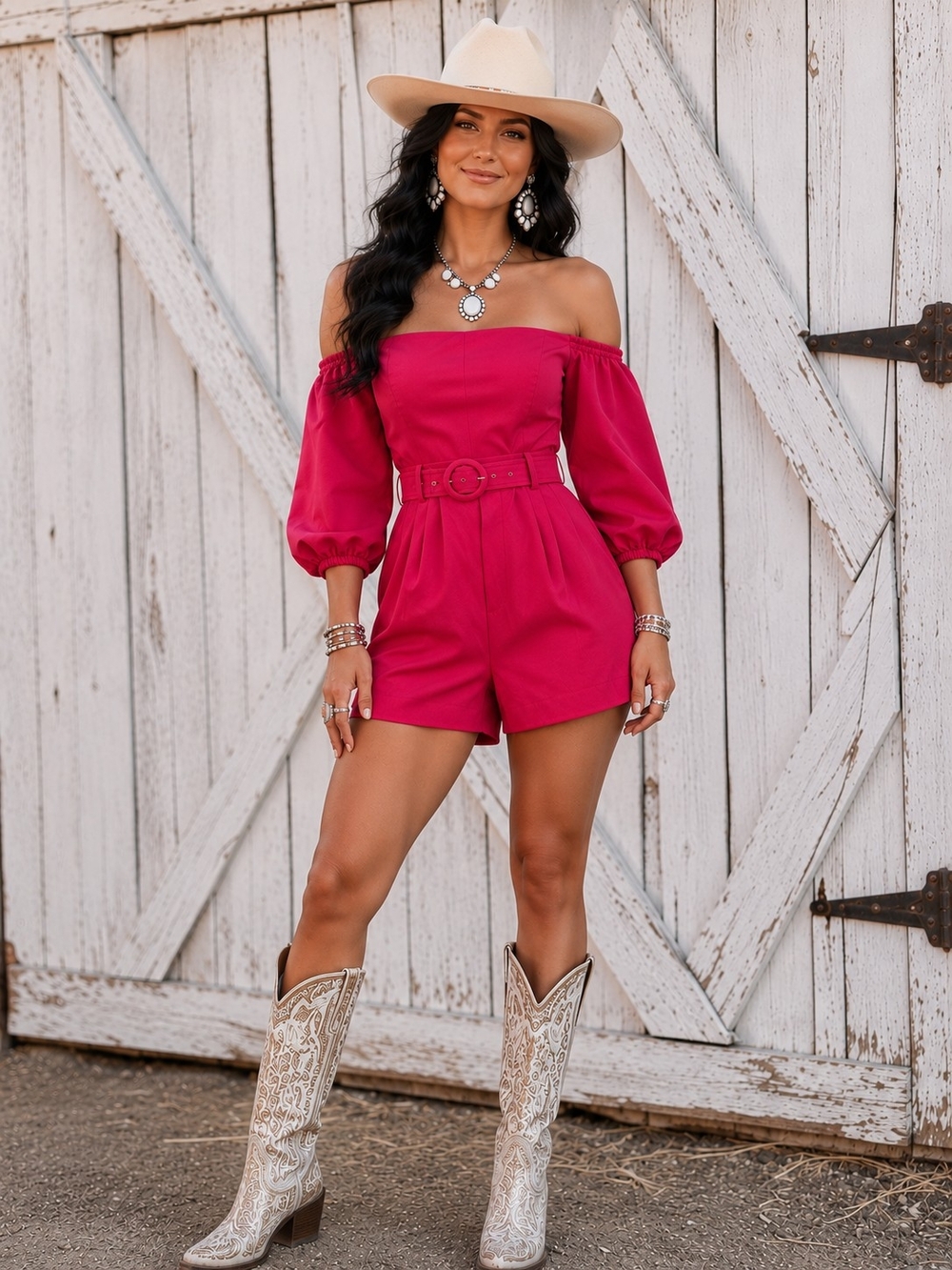 Off-Shoulder Belted Romper in Magenta Pink